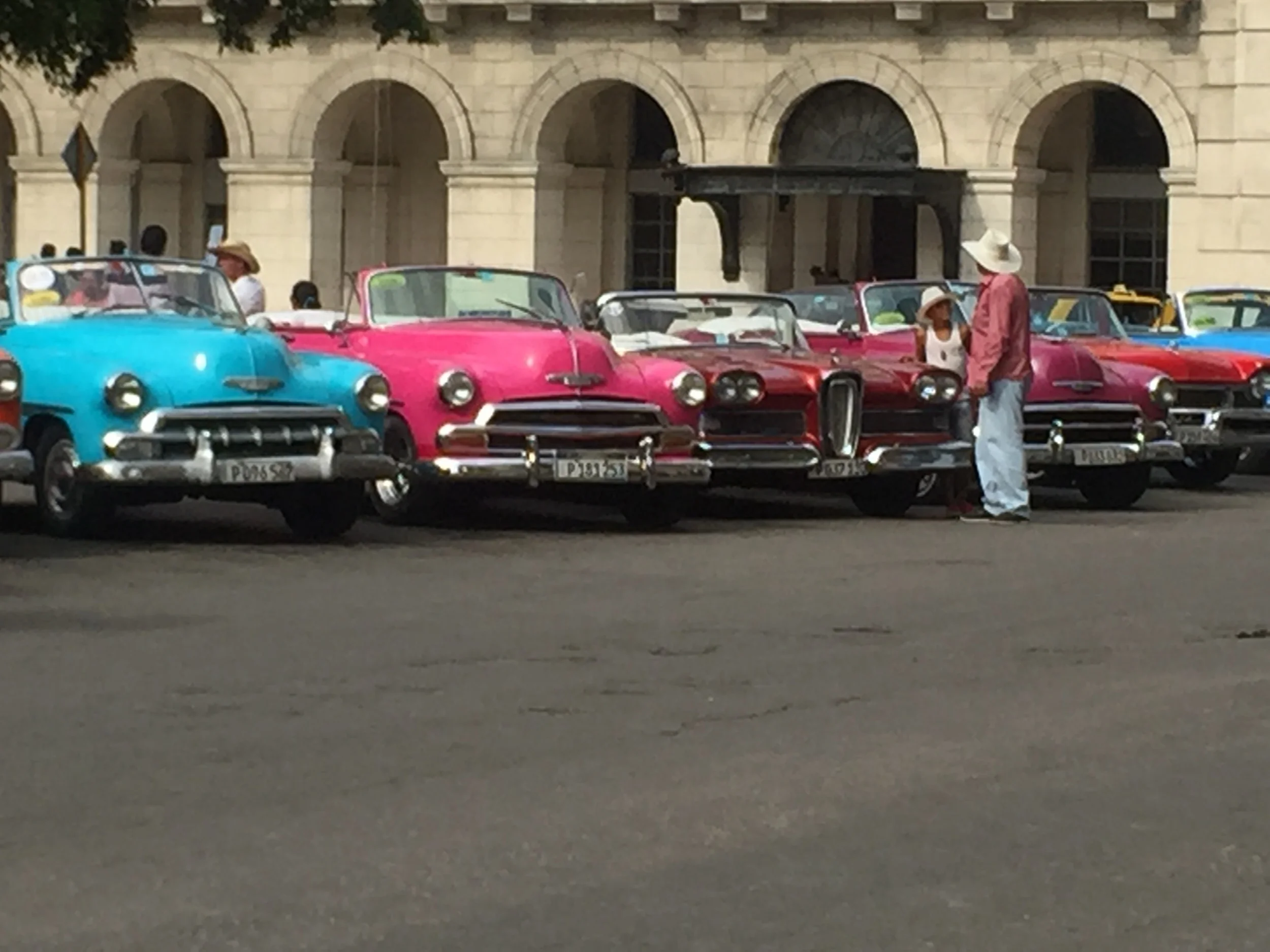  Classic cars taxis line up ready for tourists. For $30 you'll get an hour long tour through Havana. 