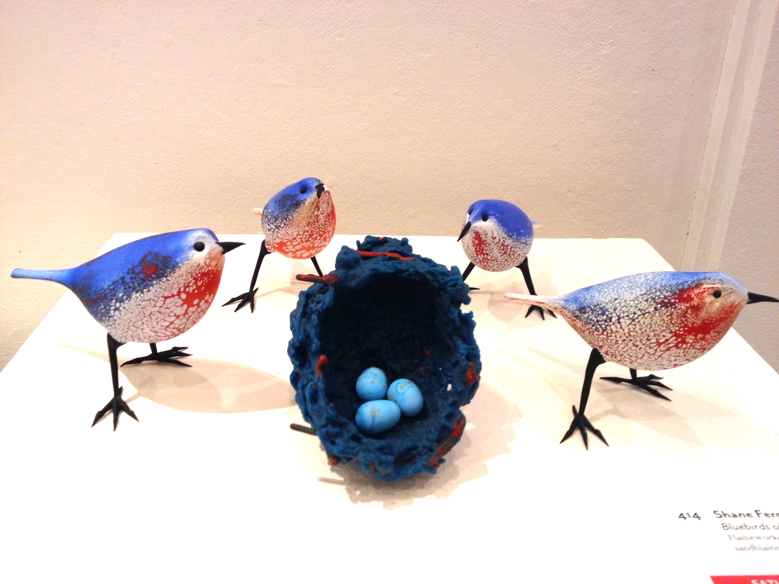   Shane Fero     Bluebirds of Penland Meadow    Flameworked glass, cast glass, sandblasted and acid etched&nbsp; 