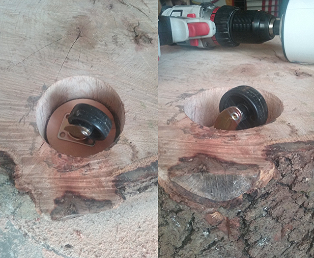  After sanding, I bored out holes in the bottom of the stumps to flush mount the castor wheels. These castor wheels were 1 ¾ inch and can support up to 50lbs each. I used a 3¼ inch hole cutting drill bit to get my outer diameter, then used a series o