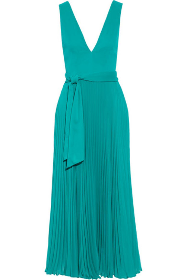  RYN DEEP V-NECK MIDLENGTH PLEATED DRESS WITH TIE BELT 