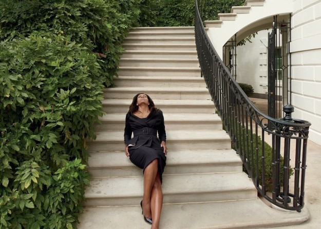 First Lady Michelle Obama in Atelier Versace jacket and dress with Jimmy Choo pumps at the White House. Annie Leibovitz/Vogue