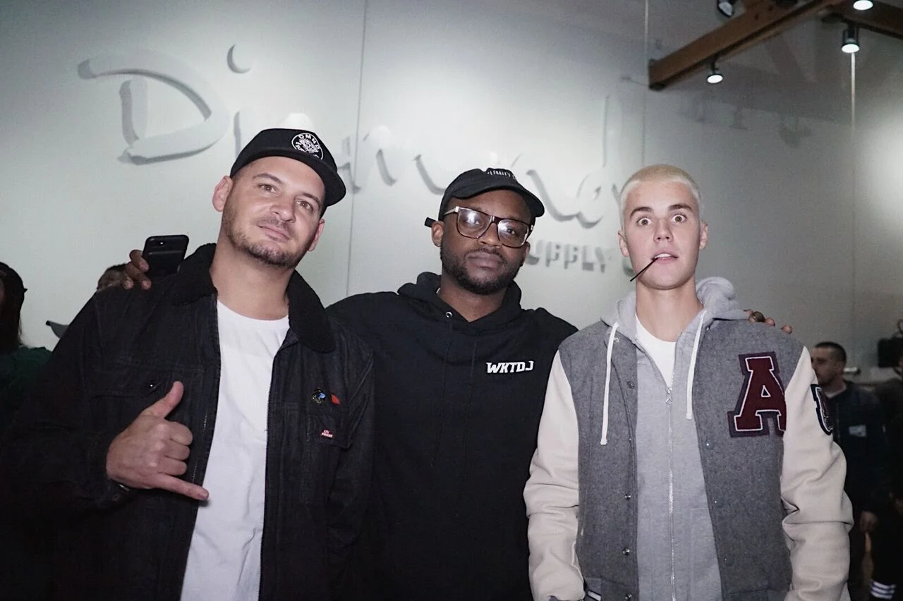 (L) Nicky Diamonds, owner of Diamond Supply Co. (C) DJ Tay James (R) Justin Bieber