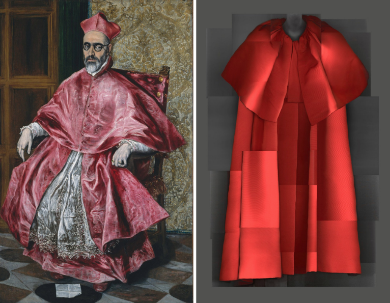  Left: El Greco, Cardinal Fernando Niño de Guevara, circa 1600. Right: Cristobal Balenciaga evening coat, fall 1954–55.&nbsp;CreditMetropolitan Museum of Art; The Metropolitan Museum/digital composite by Katerina Jebb 