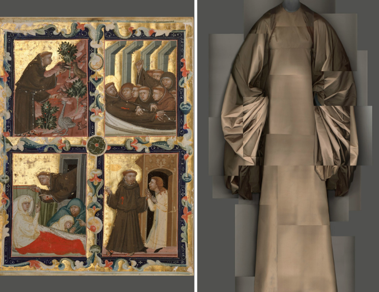  Left: Manuscript leaf with scenes from the life of Saint Francis of Assisi, circa 1320-42. Right: Madame Grès evening dress, 1969.&nbsp;CreditMetropolitan Museum of Art; The Metropolitan Museum of Art/digital composite by Katerina Jebb 