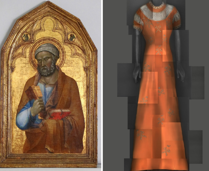  Left: Follower of Lippo Memmi, Saint Peter, mid–14th-century. Right: Elsa Schiaparelli evening dress, summer 1939.&nbsp;CreditMetropolitan Museum of Art; The Metropolitan Museum of Art/digital composite by Katerina Jebb 