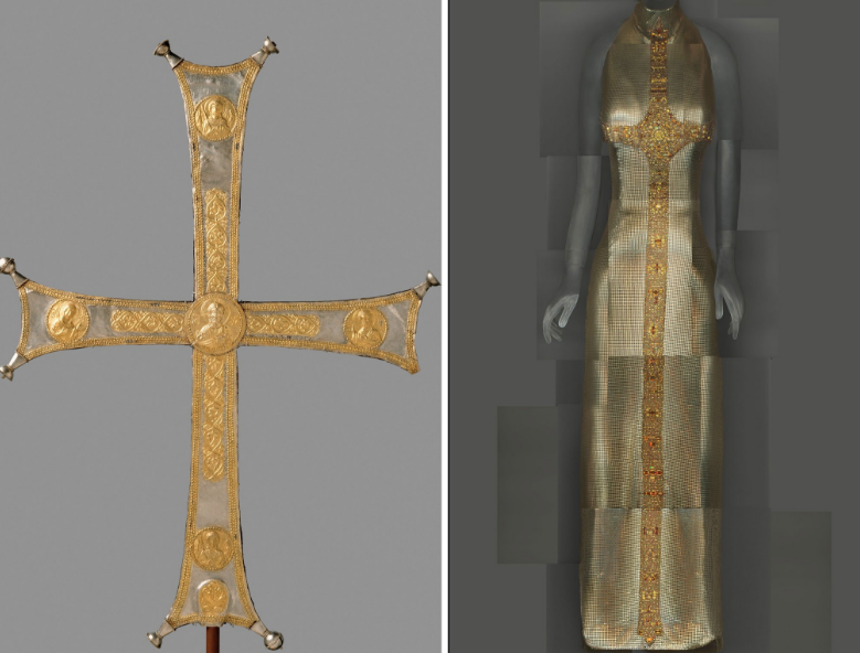  Left: Byzantine processional cross, ca. 1000-1050. Right: Gianni Versace evening dress, fall 1997–98.CreditMetropolitan Museum of Art; The Metropolitan Museum of Art/digital composite by Katerina Jebb 