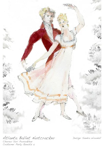 A costume rendering for Christmas Eve party guests by designer Sandra Woodall.