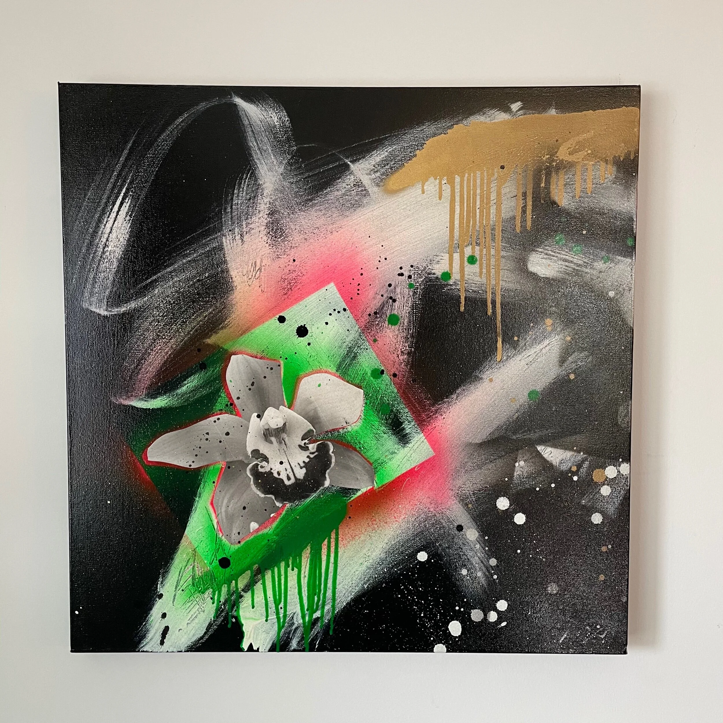 art, painting, mixed media, artist, floral, latinx, cuban art, gallery, home decor, abstract, gold, modern art, orchid