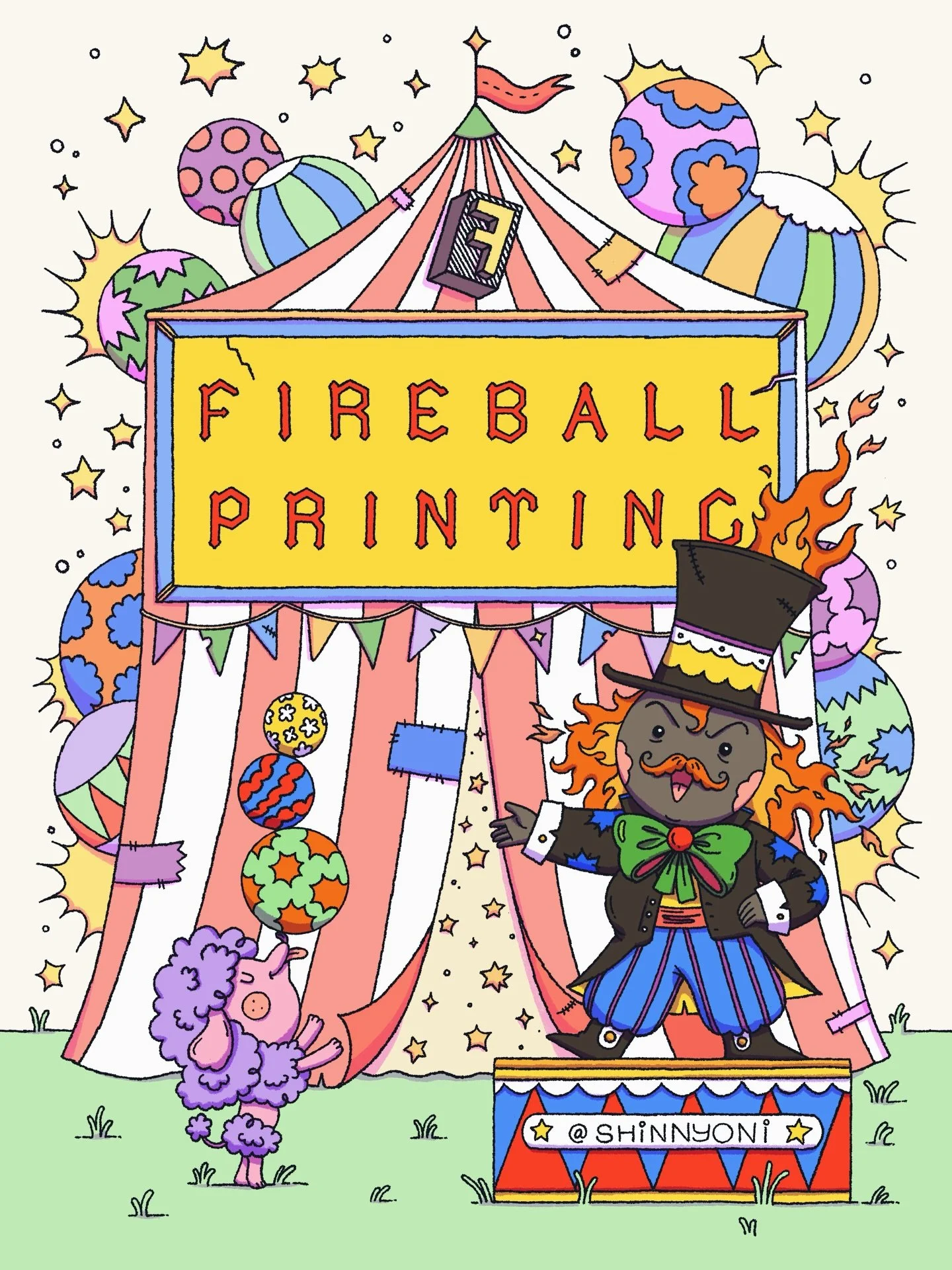 Really loved working on this Circus-themed zine for @fireballprints 🫶🔥🫶 Had a blast coming up with some fun friends highlighting all the things that they can print! ✨ Thank you so much Paul for the trust! 
Sending giant hugs to all ✨
#shinyeonmo
