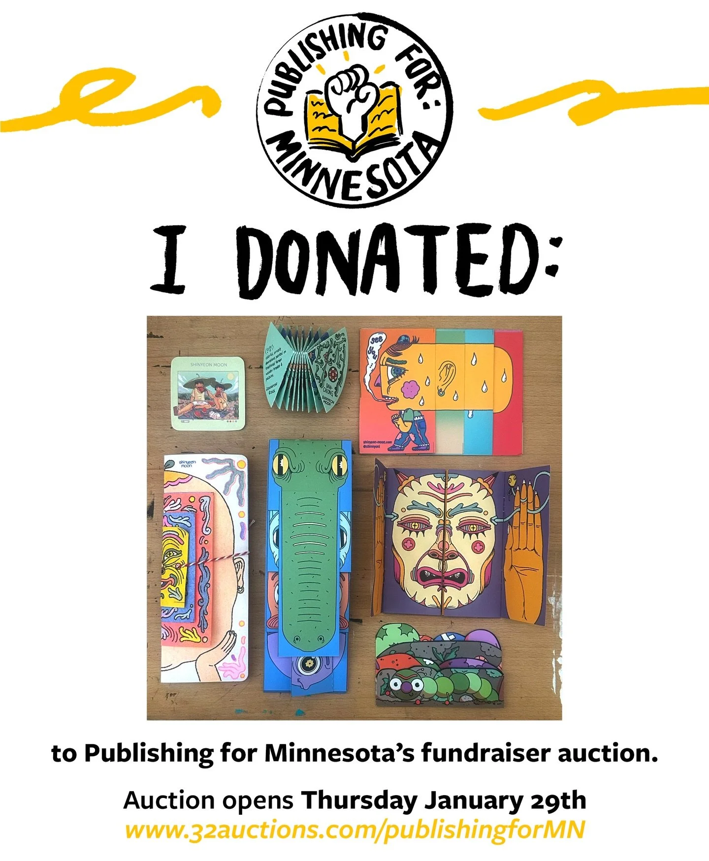 Publishing for Minnesota&rsquo;s auction will take place Thursday, 01/29 @12am EST!! Find some absolutely incredible donations to bid on! 🥹🙏📚 link in bio!!!

These zine friends will also be up for grabs (including a zine that has been sold out) at