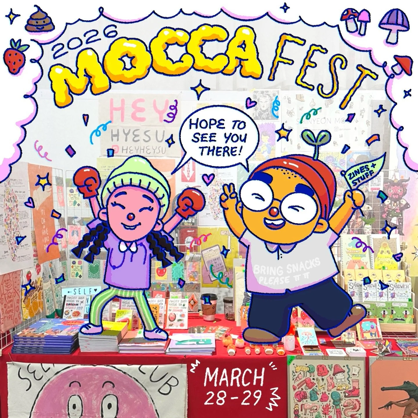 So excited and happy to share that @heyheysu and I will be tabling together once again @soi128 MOCCA Fest! Come laugh with us at Table 79 🫶 Save the date: March 28-29 at the Metropolitan Pavilion ✨😊✨ 

Hope to see you all there!! 

#moccafest2026 #