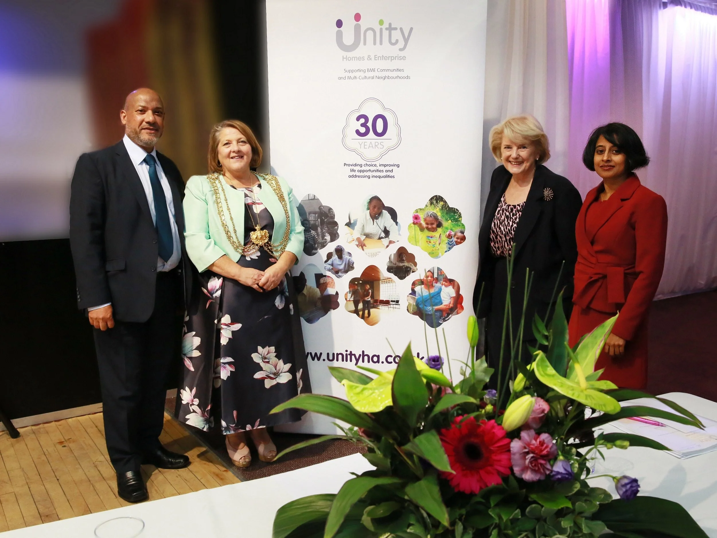 From left to right: Ali Akbor (Unity chief executive), Councillor Jane Dowson (Lord Mayor of Leeds), Baroness Dean (former Housing Corporation chair) and Shruti Bhargava (Unity chair) 