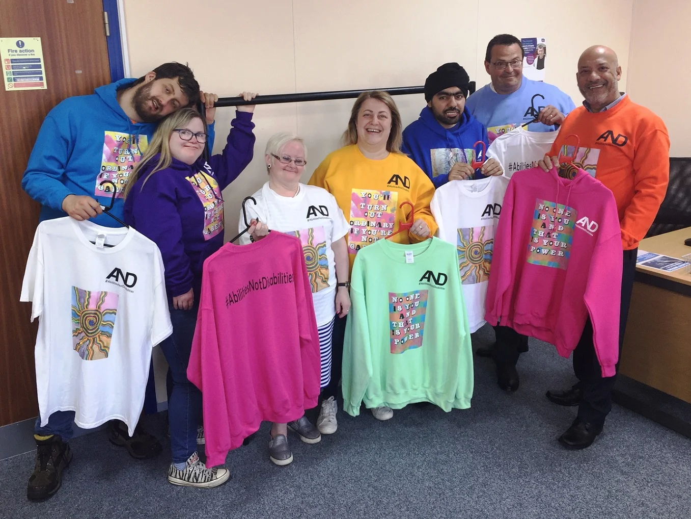 Ali Akbor (far right) and Adrian Green (second from right) with Angie Marshall from Leep 1 (centre), Susan Hanley (third from left) and other designers from the #AbilitiesNotDisabilities project