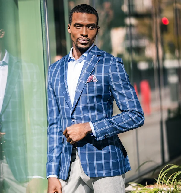 grey suit blue jacket