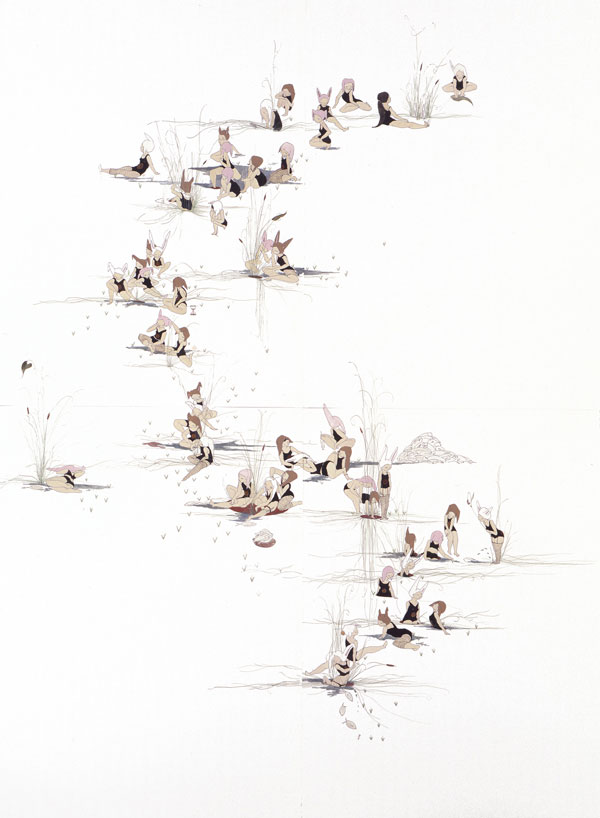  "Bunny Collective" &nbsp;(2005)  Grouche, ink, thread on paper  60 x 44 in 