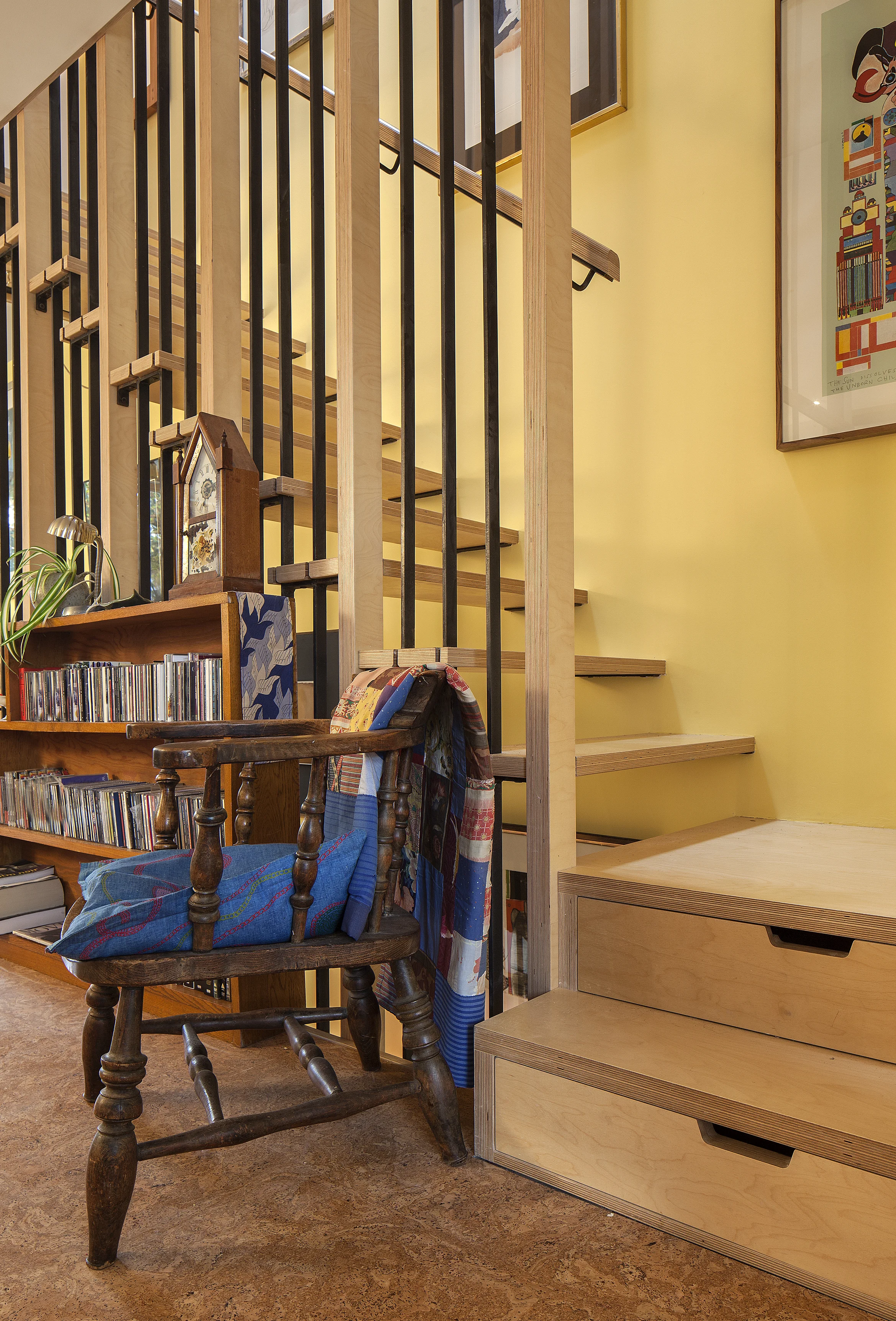 Fletcher Crane Architects, House, Extension, Teddington, Plywood, Polished Concrete, plywood staircase, span house
