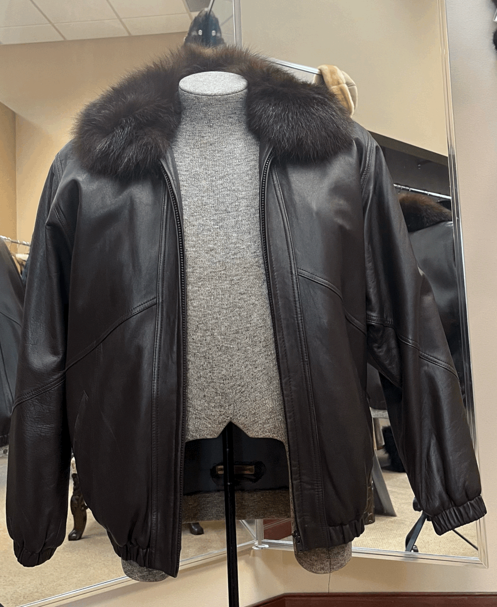 Rabbit-Lined Leather Jacket with Dyed Fox Collar