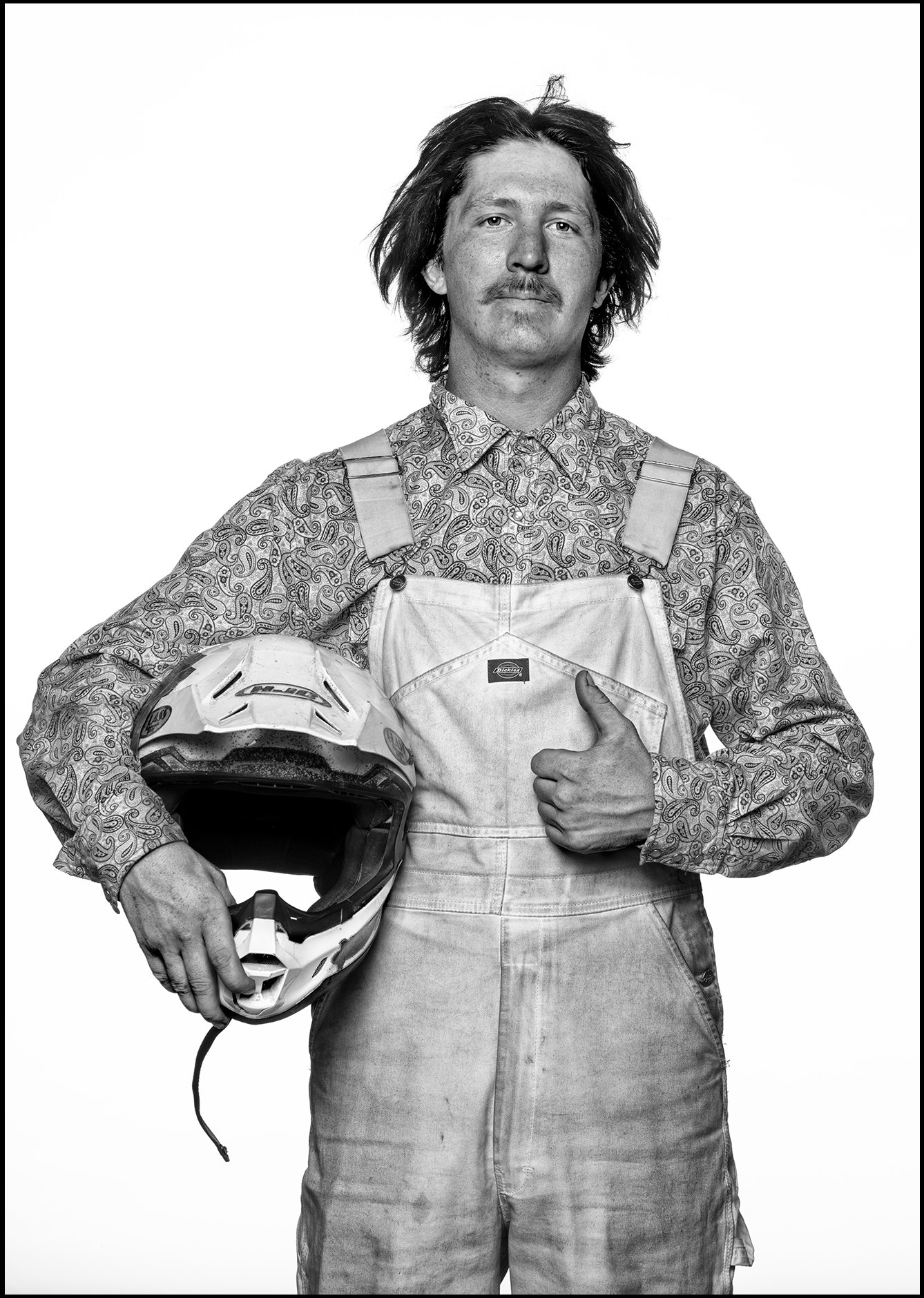 Photo © Albert Ewing-Paisley Shirt-Thumbs Up-White Overalls-Flat Track Racer_DSF7862.jpg