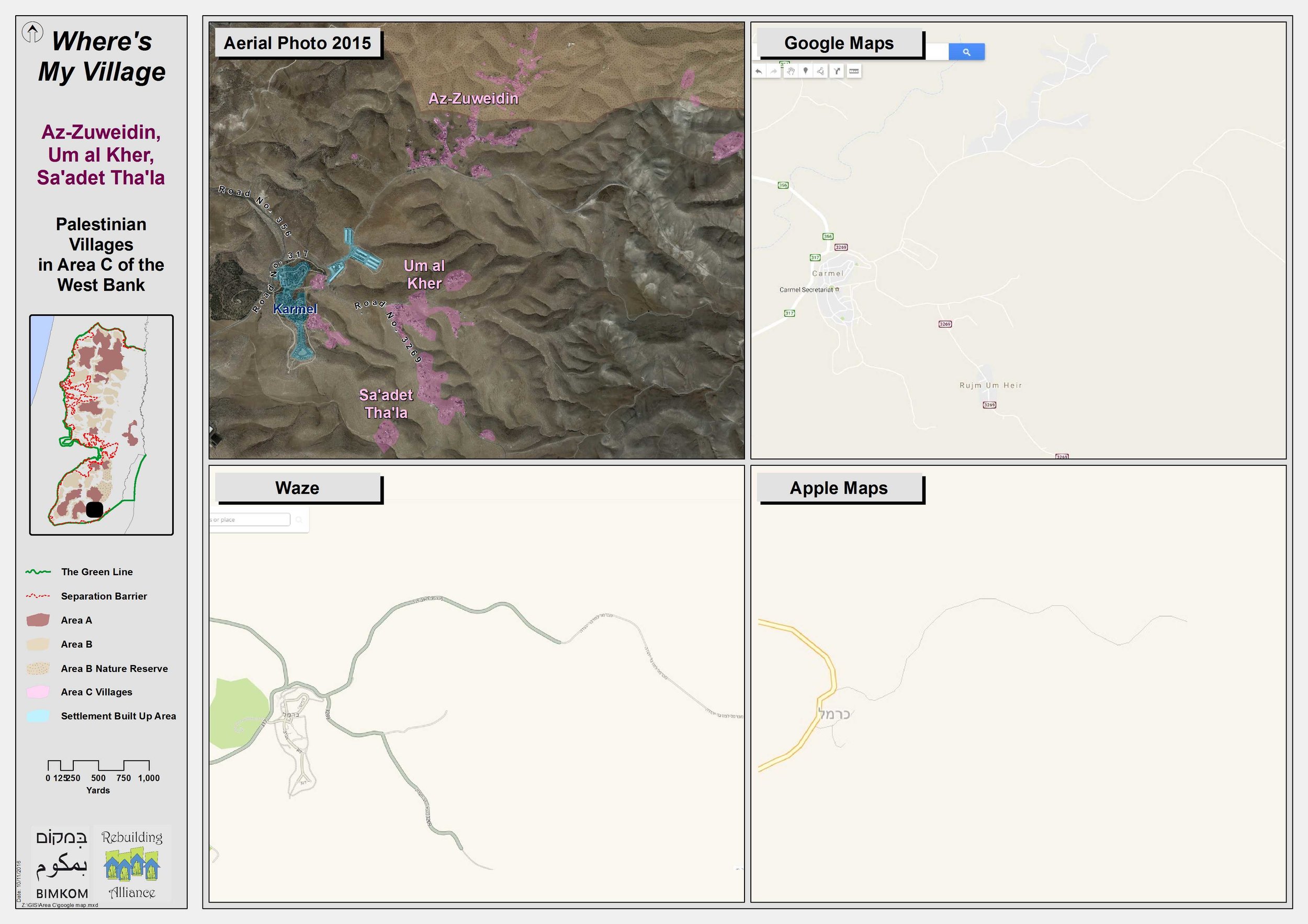 Above is satellite image with Palestinian villages in pink, and Israeli settlements in blue showing the area around the Palestinian village of Umm Al Kheir in the South Hebron Hills. Shown as well are the map images on Google, Apple and Waze.