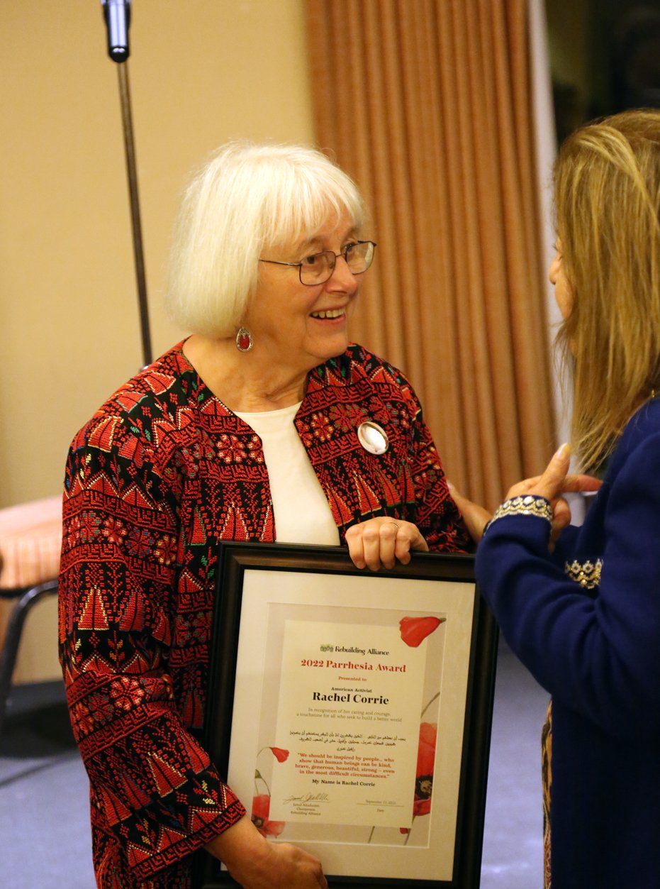 Cindy Corrie holding Rachel Corrie's Award