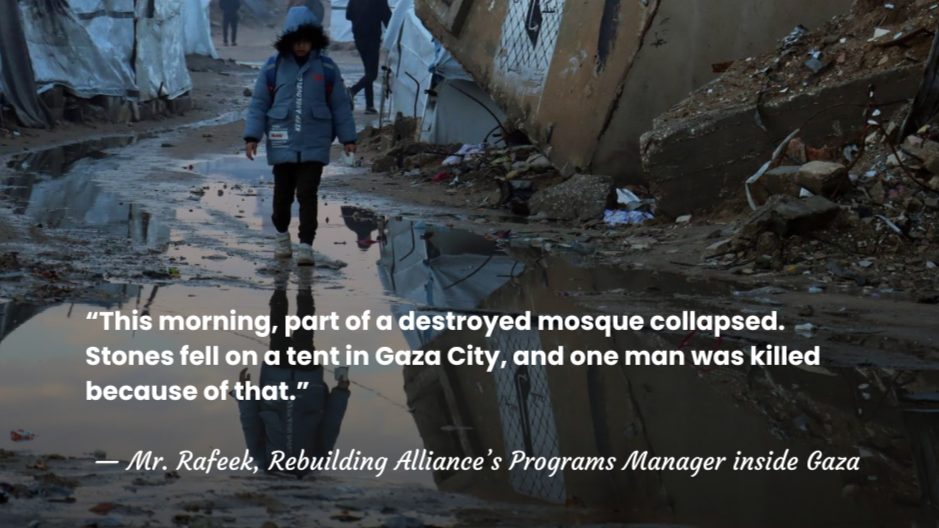 “Last night it was all windy and raining. A steel structure from an old wedding hall on Gaza’s beach road collapsed during the storm, killing three people on the beach in Gaza City."