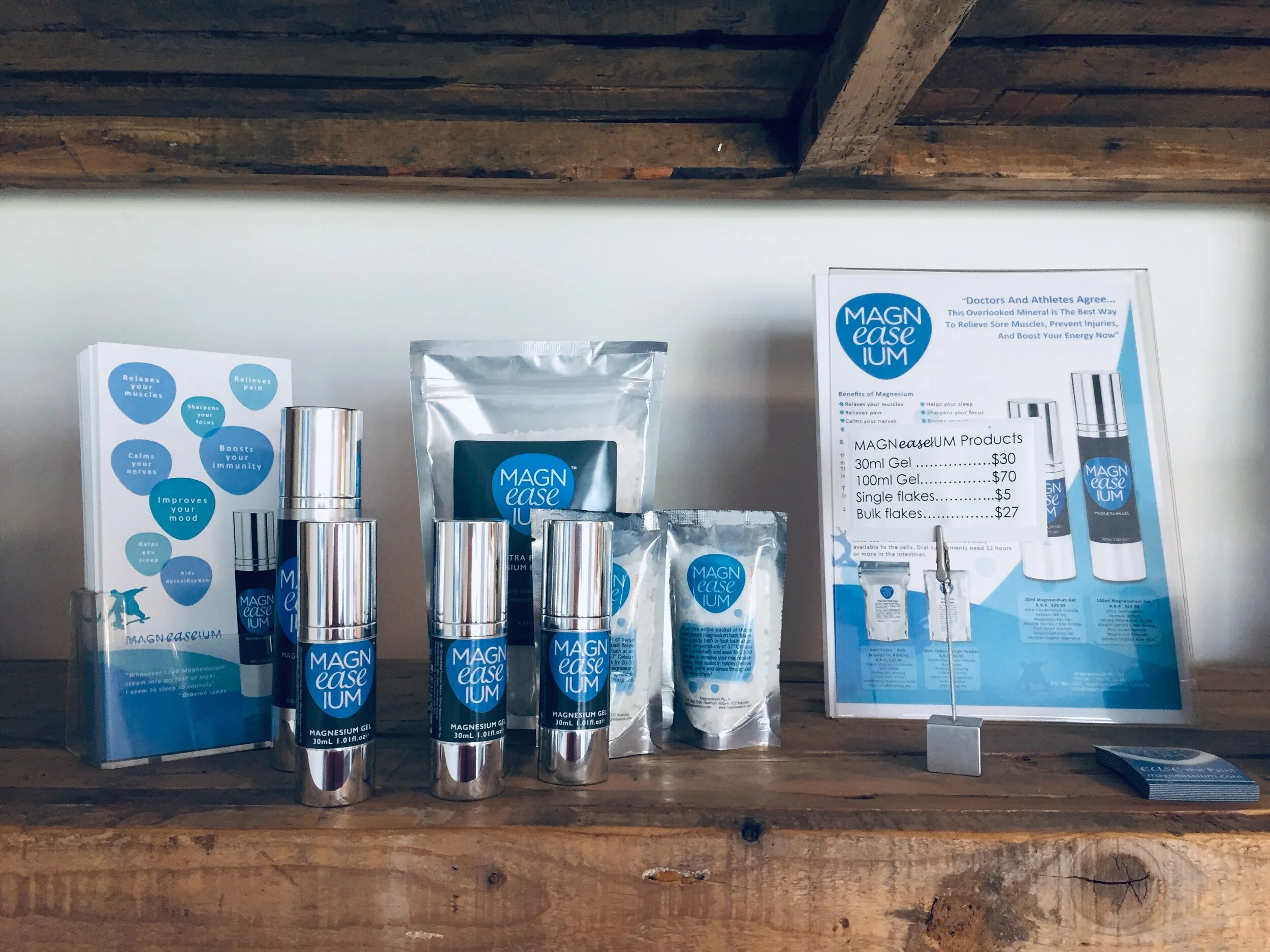 Our range of Magn ease ium bath flakes and gels in the clinic.