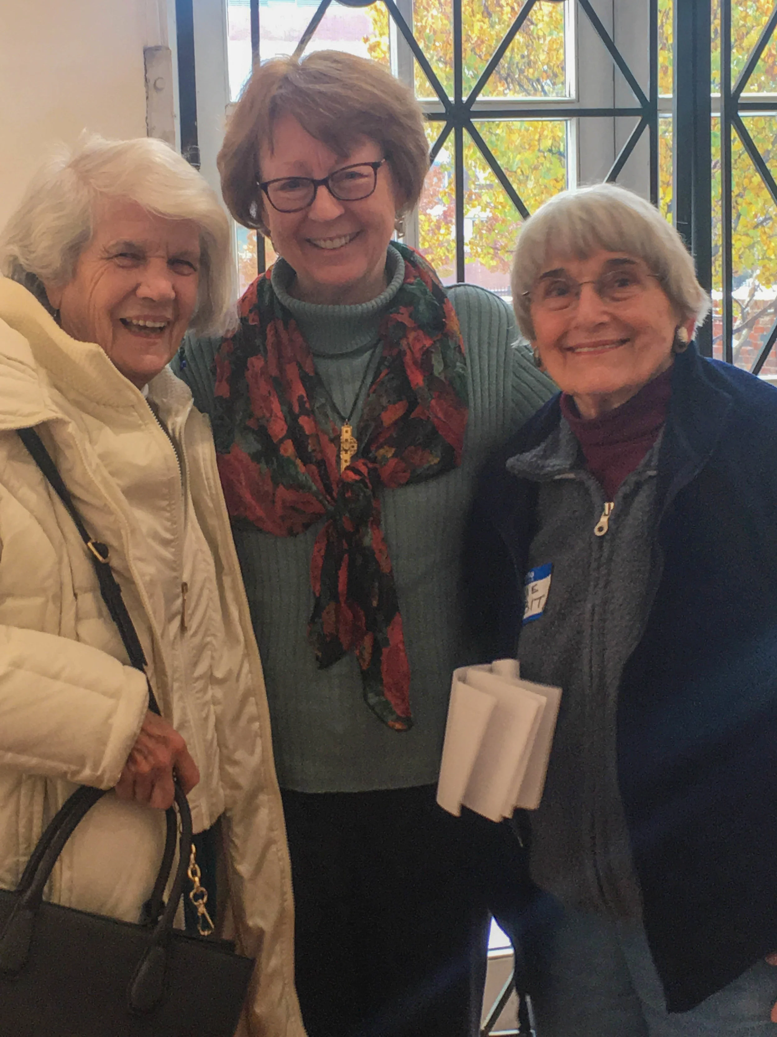 Past presidents Carol La Chiusa and Kathleen O’Connell with Julie Sabit, DSWPS member who also oversees the garden at the Scarab Club