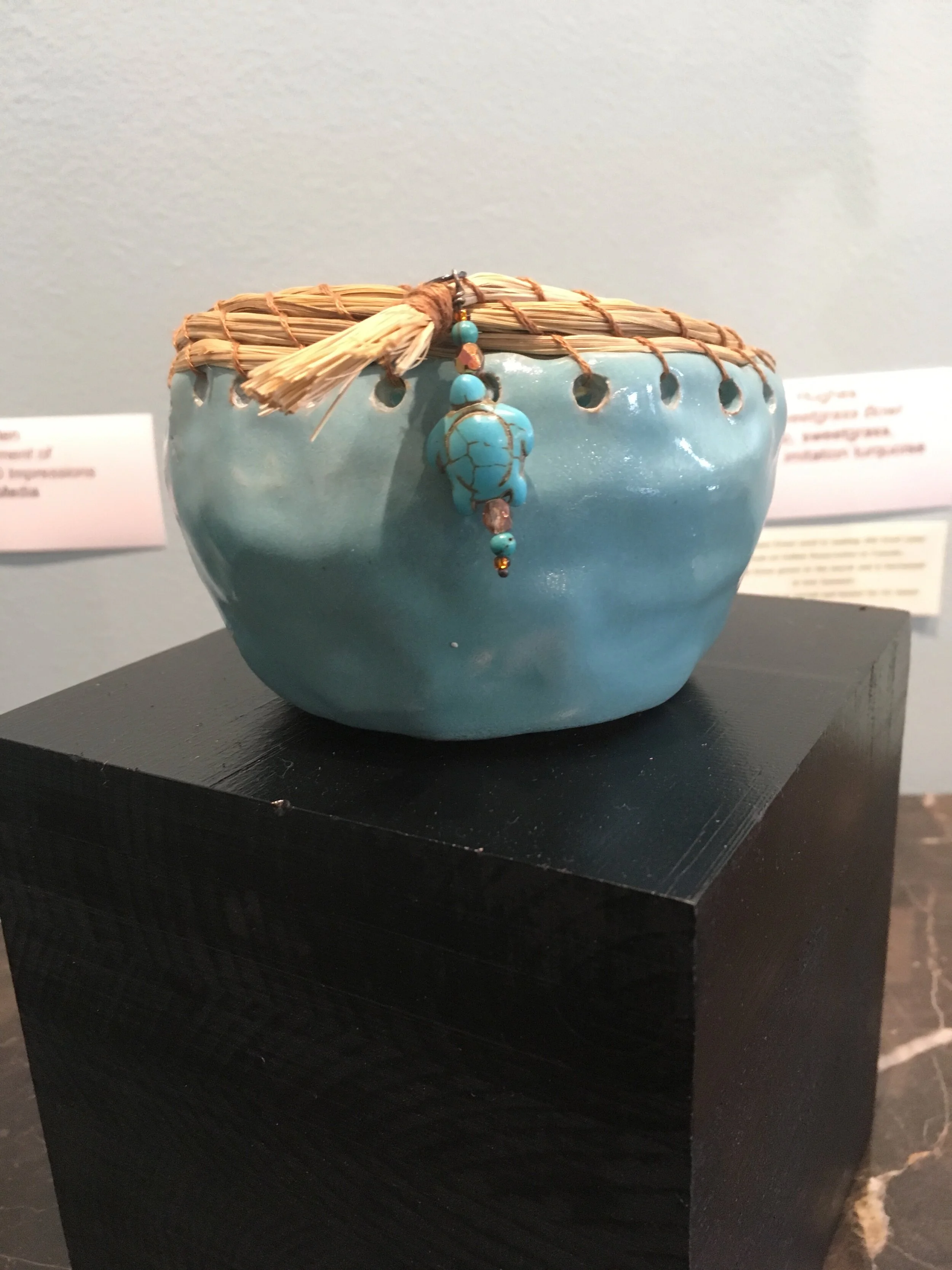Anna M. Hughes, Blue Sweetgrass Bowl (ceramic, sweetgrass, beads, imitation turquoise)