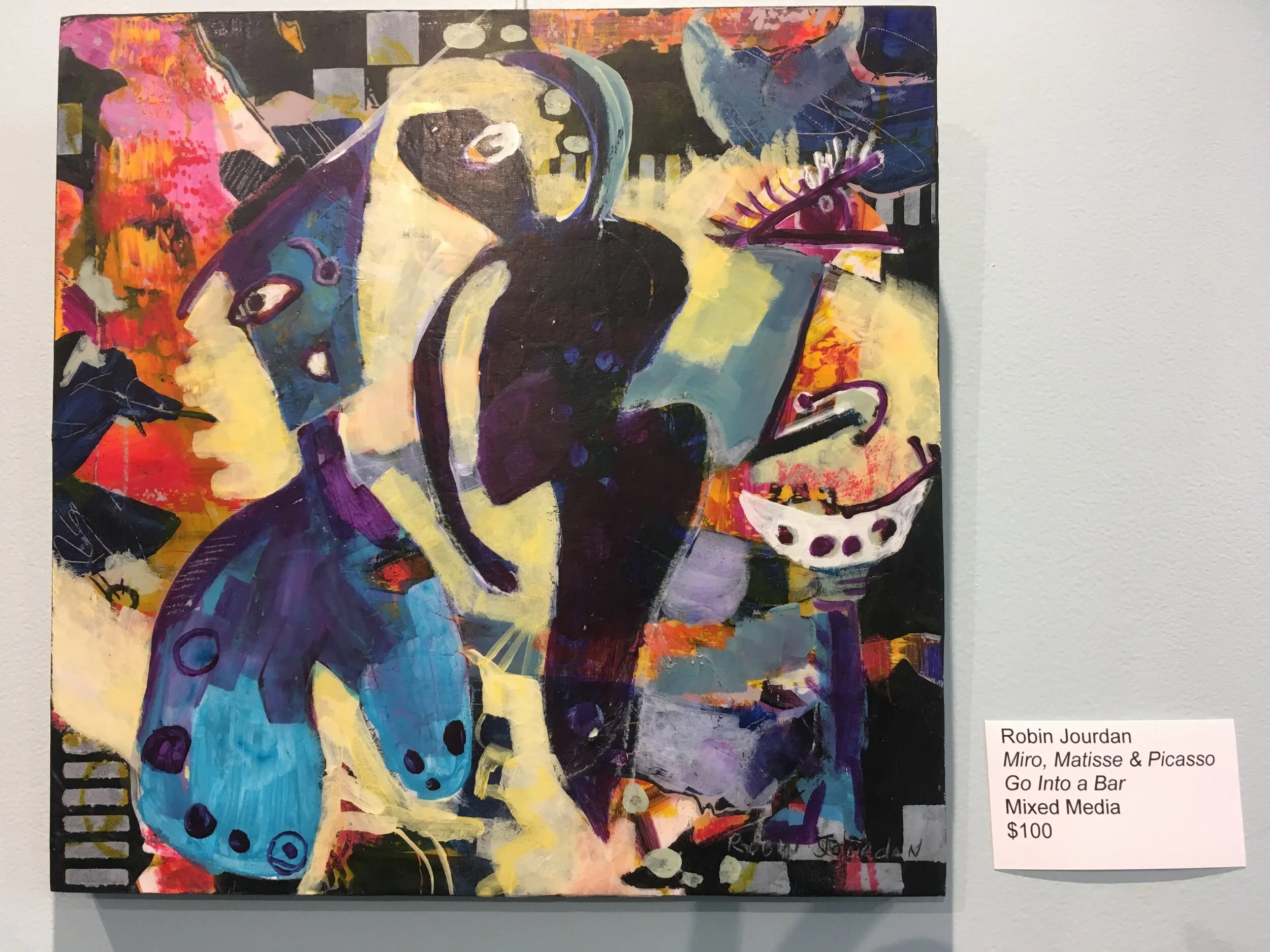 Robin Jordan, Miro, Matisse, and Picasso Go into a Bar (mixed media)