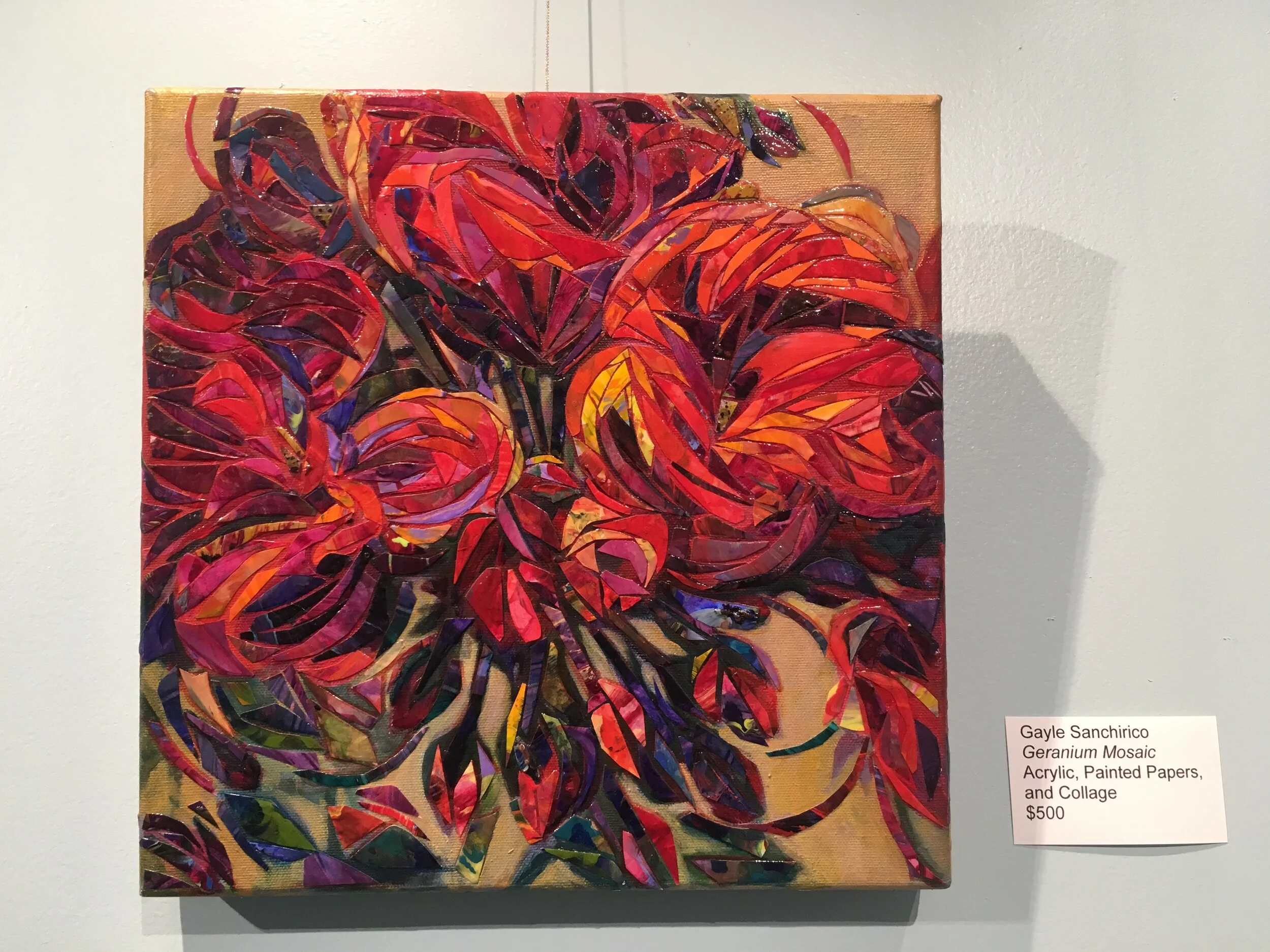 Gayle Sanchirico, (Geranium Mosaic, acrylic and painted papers on canvas)