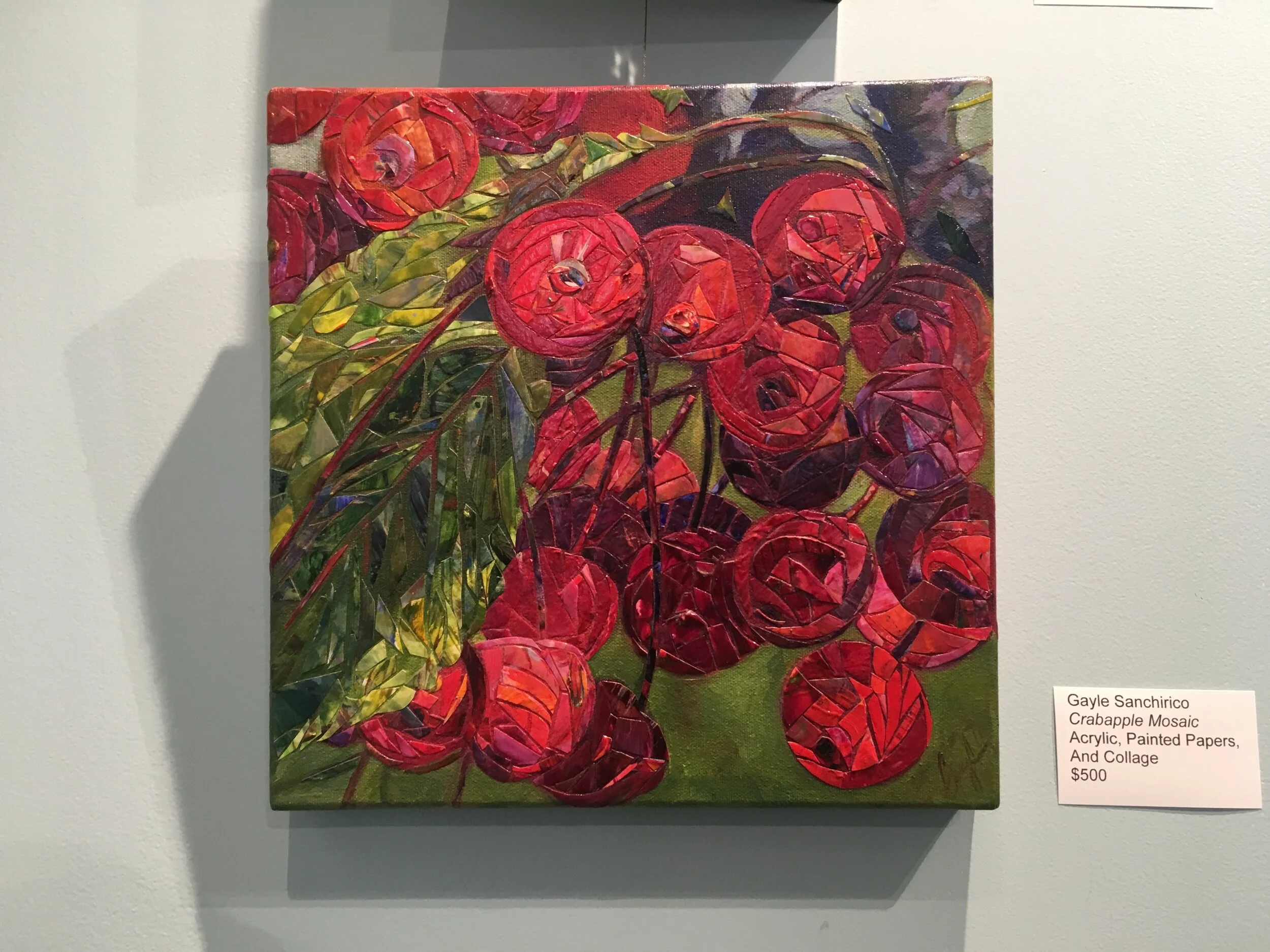 Gayle Sanchirico, Crabapple Mosaic (acrylic, painted papers and collage on canvas)
