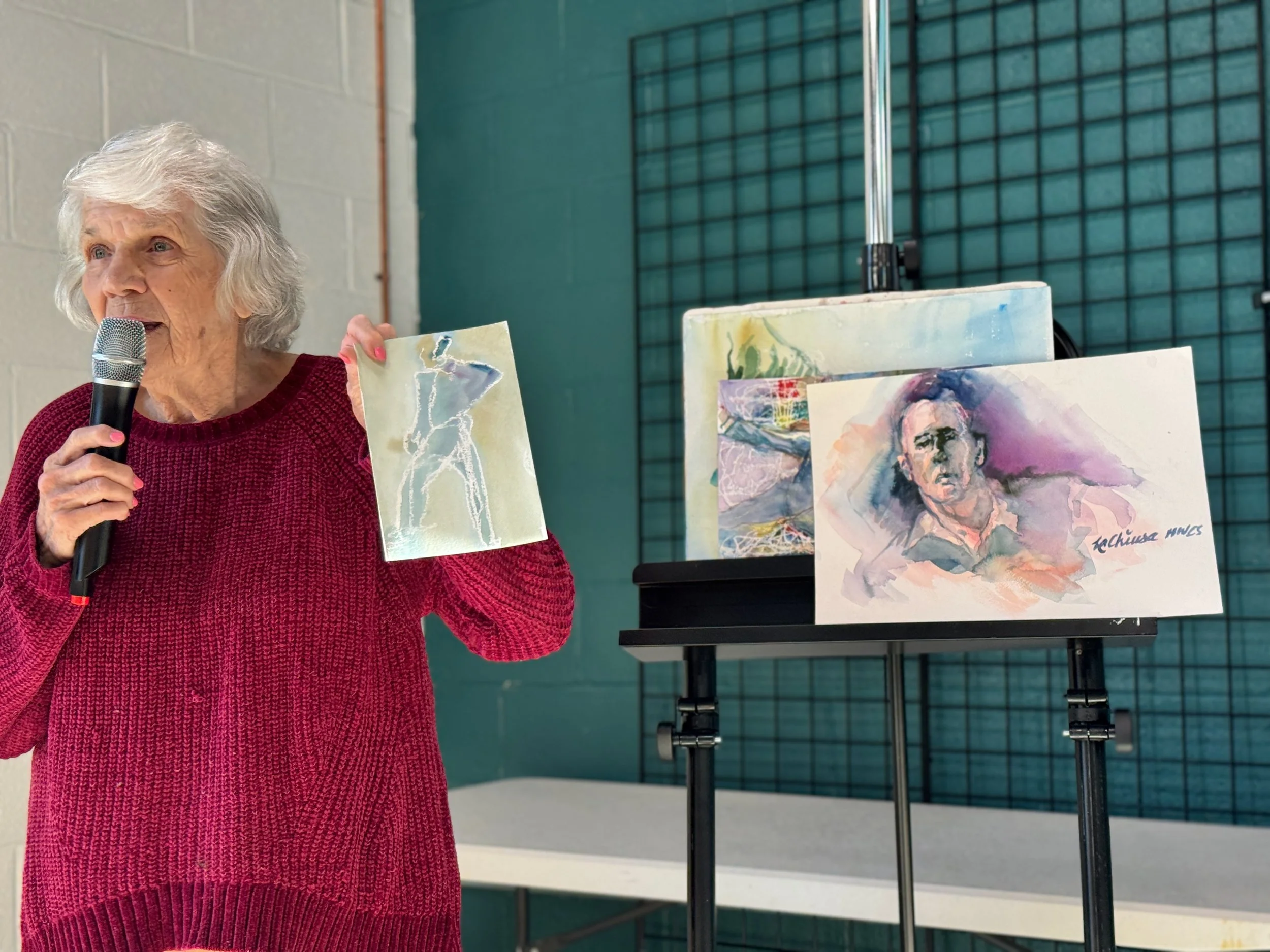  Carol LaChiusa spoke of her recent experiments to make her art freer and unpredictable—for example, by drawing with her non-dominant hand and by using wax candles to draw transparently on paper and then applying a wash or images that don’t necessari