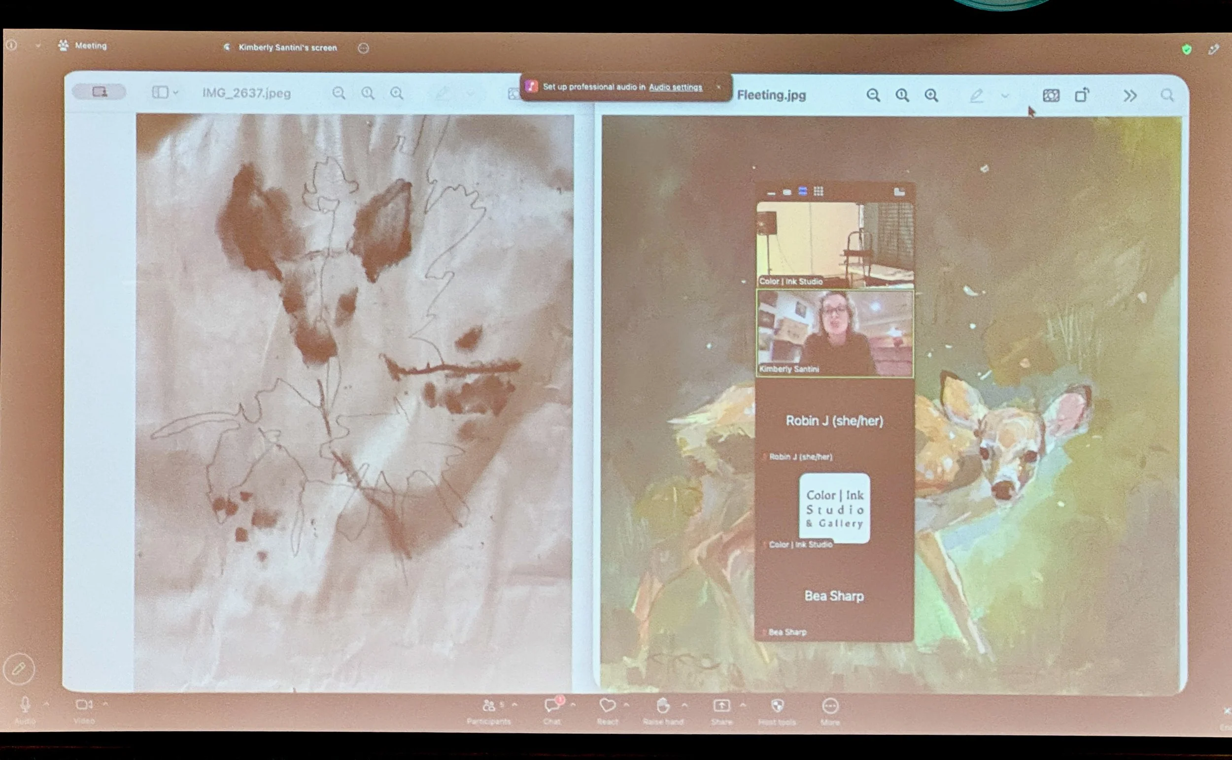  Kim Santini joined via zoom. Inspired by the recent exhibition Monumental Color featuring Cecily Brown, Sam Gilliam, and Joan MItchell, she has been drawing a lot, on anything, including packing material and old paintings. She shared an example (lef