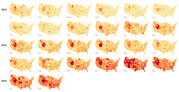 This heat-map shows the rise in searches on Google for jogger pants from 2013-15.