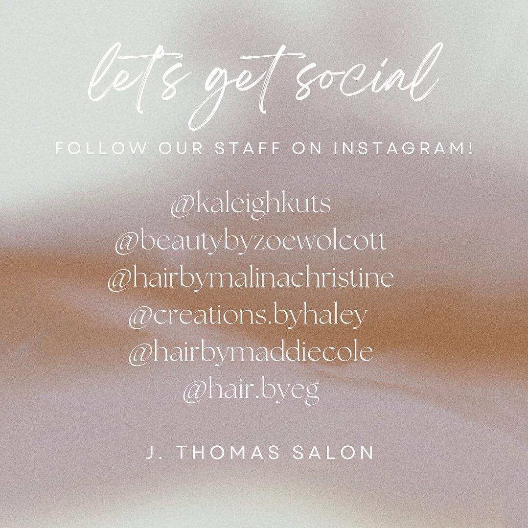 Let&rsquo;s Get Social! 🤍🫶🏽

@kaleighkuts
@beautybyzoewolcott 
@hairbymalinachristine 
@creationsby.haley 
@hairbymaddiecole 
@hair.byeg 

#salon #northgasalon #dawsonvillega #jthomassalon