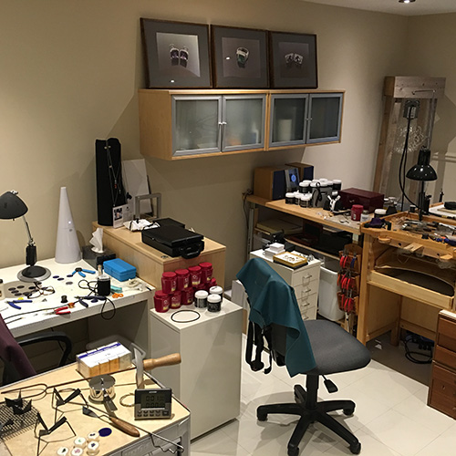 I have many surfaces to work on in the studio and each has its own use: goldsmithing, assembling, fabricating, stringing, enamelling and more.