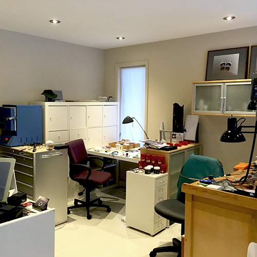 I have a white area for clean work. Notice even the floor is white in my studio. When I drop little gemstones or gold jump rings, they are easier to find on a plain white floor.