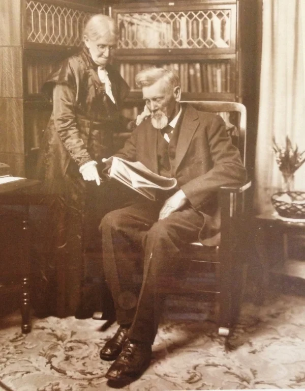 Stephen and Caroline Wood, pictured in their Elmdale, Kansas home. The couple donated the original 40 acres of land for a YMCA camp "for the young people of Kansas". In their honor, it was named Camp Wood YMCA.