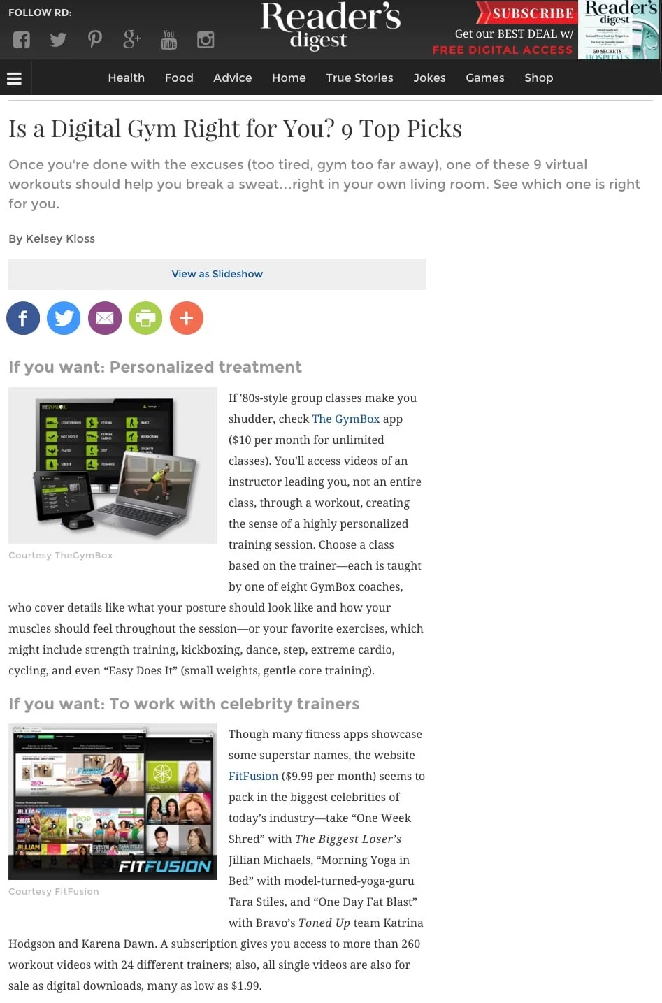 FitFusion.com Featured on ReadersDigest.com