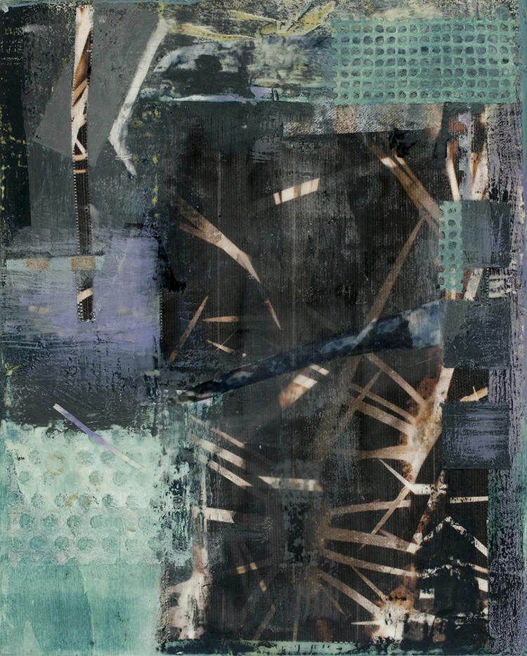 Sidone Roepke, Criss-cross, Encaustic, various papers , cotton fabric 11"x 9" $250