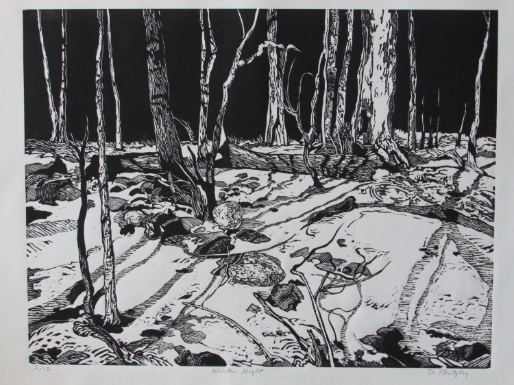 Dennis Revitsky, "Winter Night", Linocut, $400