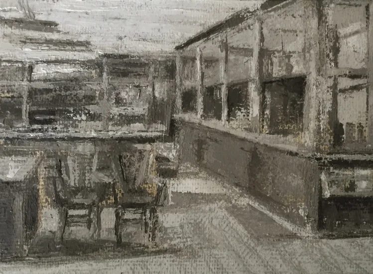 Ginny Gibson, "DL & W" Railroad Laboratory I" Oil on Linen, $350