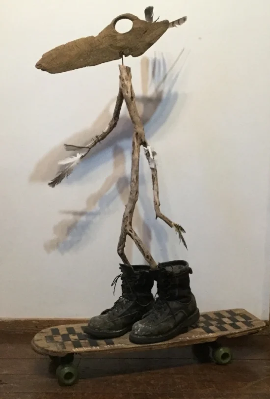 Nancy Radzick, Nobody Slides My Friend, Mixed media found objects, $295.