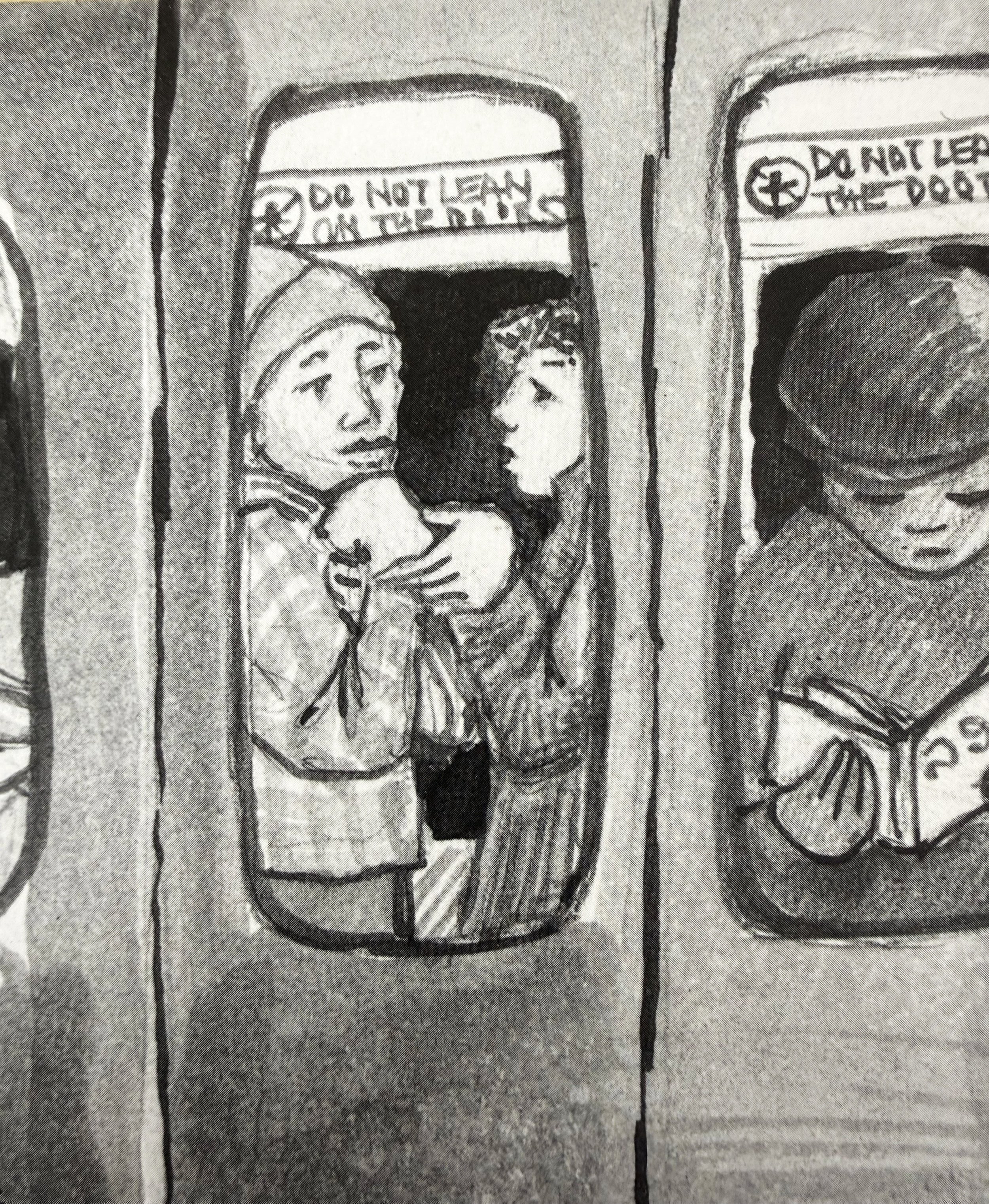 passengers on the train shown from outside of the car looking in, two people standing and talking, signs read do not lean on the doors