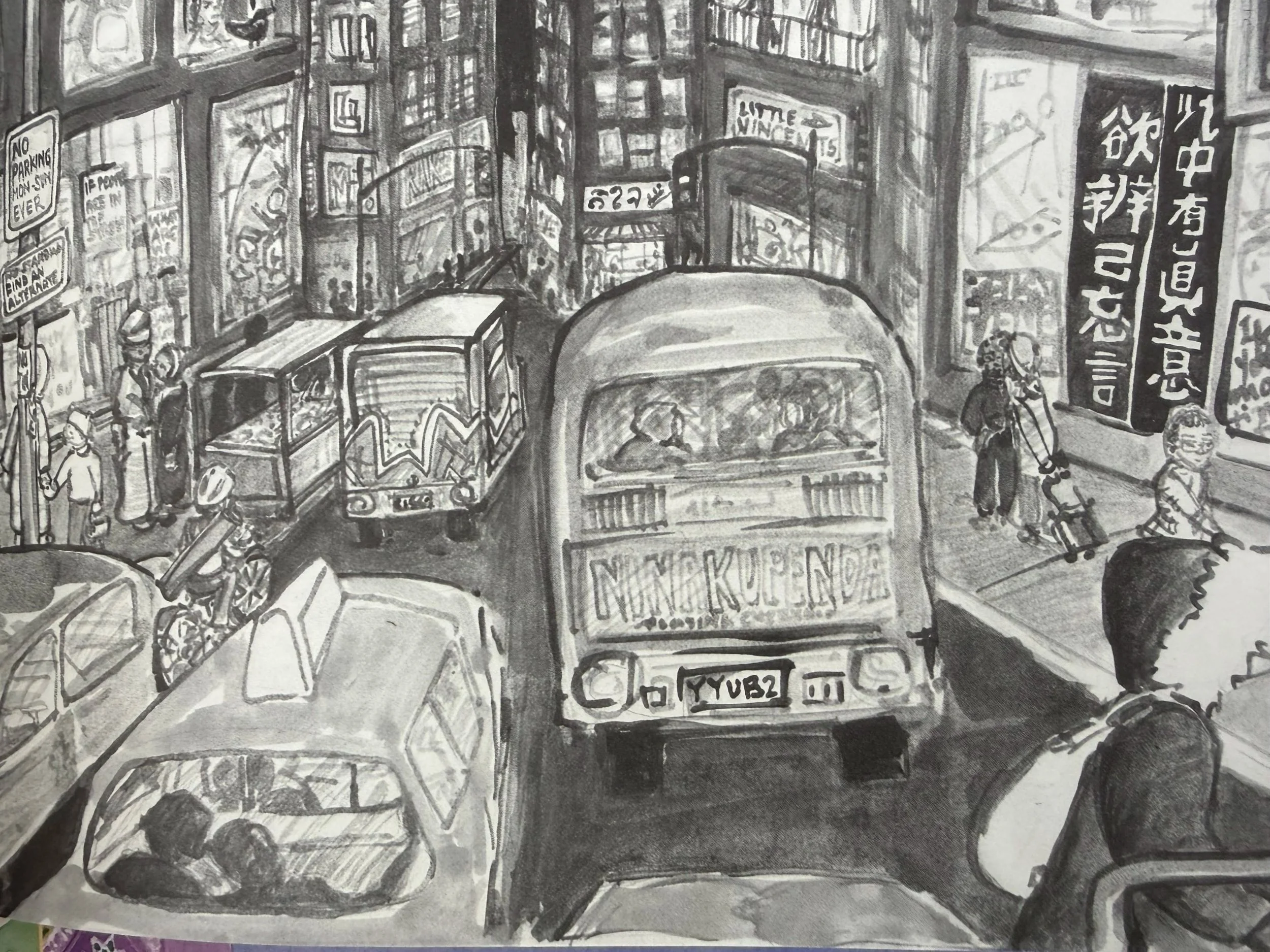 busy street many signs different languages