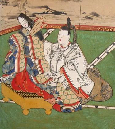 Genji trims young Murasaki's hair while she stands on a go board.