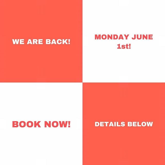 The countdown is on and we are already taking bookings! We can&rsquo;t wait to see you all from Mon June 1st! During the first 3 weeks of having a 20 person limit at one time we will be conducting sittings. 
Mon to Thur 
2 sittings
90 mins.
6.00pm - 
