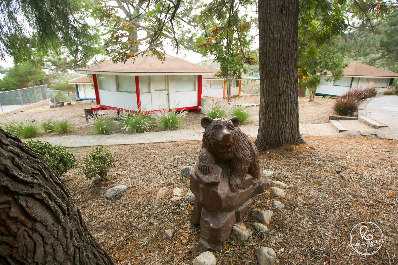 view of cabins (and our "resident bear") @ Angelus Mountain Center © Russell Gearhart Photography