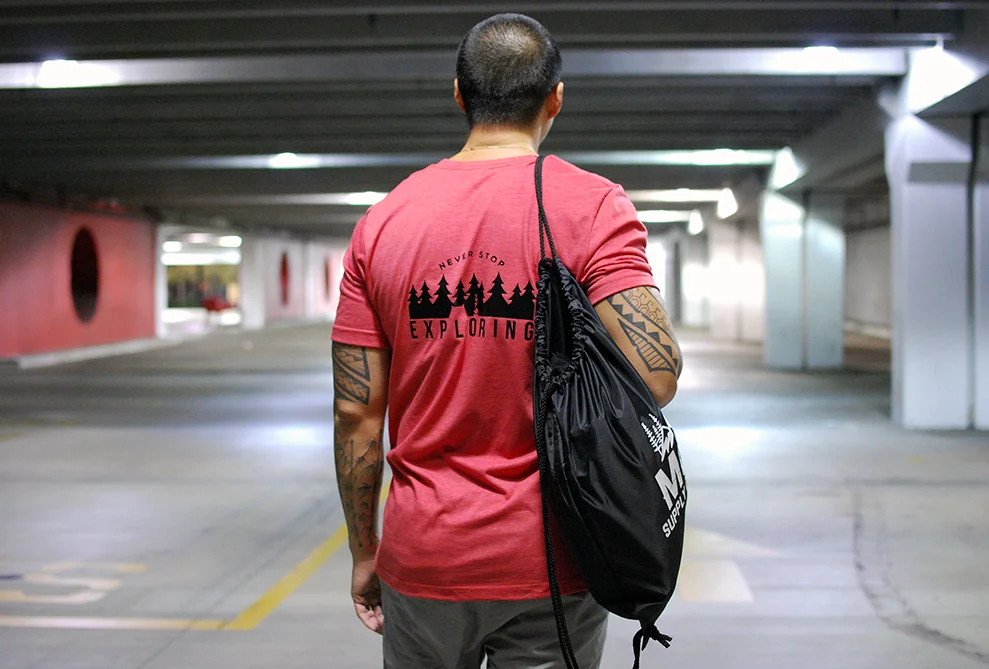 Never Stop Exploring Pocket Tee - Red+Gray