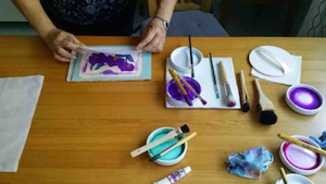 Woodblock printing set-up. Incredible variation possible using watercolour paints and a press - your arm! 
